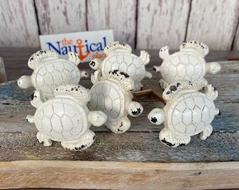 Cast Iron Sea Turtle Drawer Knob Pulls, Cabinet Door Handle - Distressed White - Set of 2, 4, or 8 - Nautical Furniture Decor