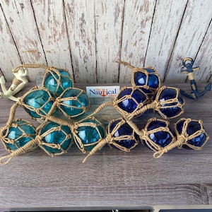 3&quot; Aqua or Cobalt Blue Glass Fishing Floats- Nautical Decor - Fish Net Buoy - Light or Dark Blue Ball w/ Rope Netting