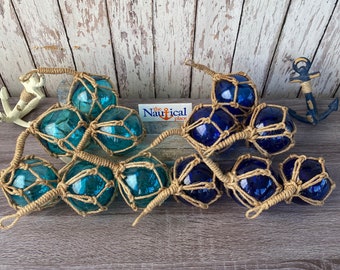 3" Aqua or Cobalt Blue Glass Fishing Floats- Nautical Decor - Fish Net Buoy - Light or Dark Blue Ball w/ Rope Netting