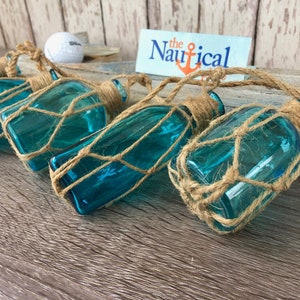 5 Aqua Glass Bottles on Rope Nautical Fish Net Buoy Ball Floats Beach ...