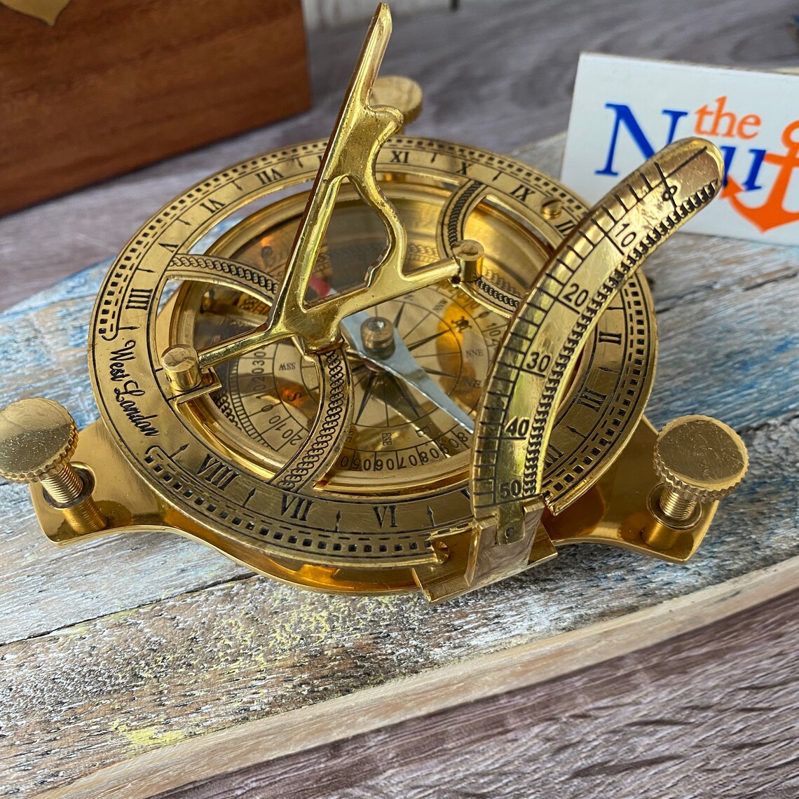 Large 3.75 Brass Sundial Desk Compass w/ Wooden Box Etsy