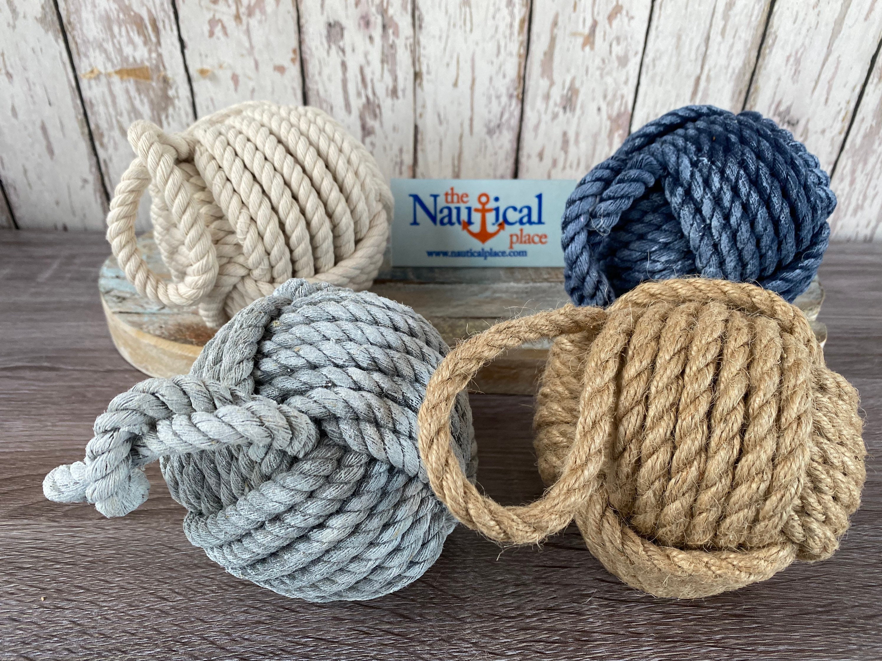 3.5 - 4 Monkey Fist Knot Ball w/ Hanger Loop - Handmade Jute Rope Sailor  Knot - Blue, Natural Tan, White, Gray - Nautical Decor For Bowls