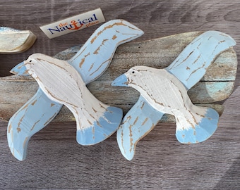 Wood Seagull Wall Plaques - Set of 2 - Hand Made Bird Decor - Nautical Bathroom - Light Blue, White Distressed