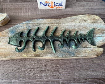 9.5" Cast Iron Fish Bones Wall Hook - Verdigris Green - Towel Hanger, Coat, Hat, Key Rack - Nautical Beach Bathroom Decor