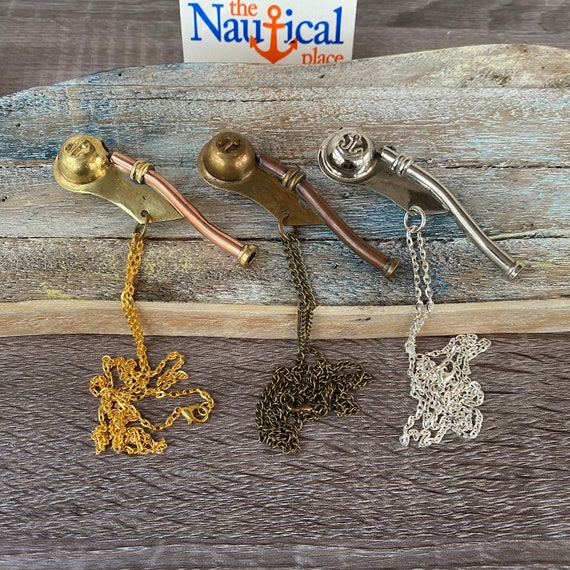 Long Nautical Whistle Necklace Vintage Pirate Pendant Charm Antique Brass Finish 