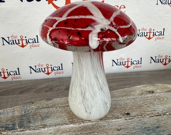 4.5" Glass Mushroom Figurine, Hand Blown Nautical Paperweight, Red & White Accents