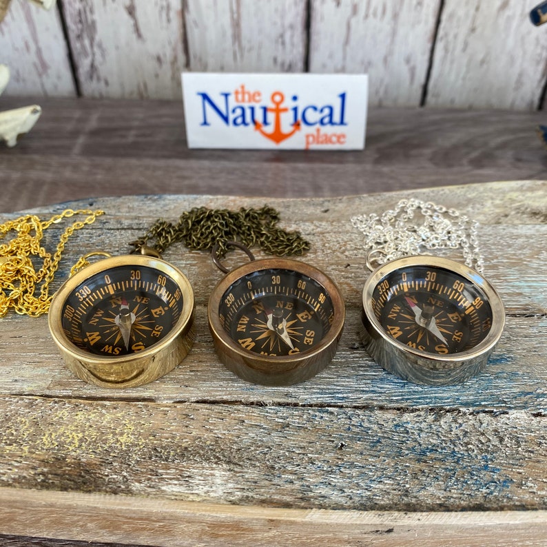 Brass Pocket Compass w/ Optional 27' Chain & Bag - Gold, Silver, Antique Finish - Nautical Necklace Pendant Charm - Old Vintage Style 