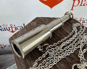 Silver Finish Brass Pocket Telescope w/ Optional 27" Chain & Velour Bag - Miniature Hand Held Nautical Spyglass - Christmas Gift