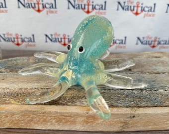 Glass Octopus Figurine - Light Blue, Aqua Accents - Hand Blown Paperweight - Tropical, Beach Decor