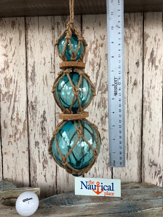 3 Aqua Glass Fishing Floats on Rope Light Blue, Turquoise Buoy Balls W/  Rope Netting & Cork Nautical Decor for Tiki Bar, Beach House -  Canada