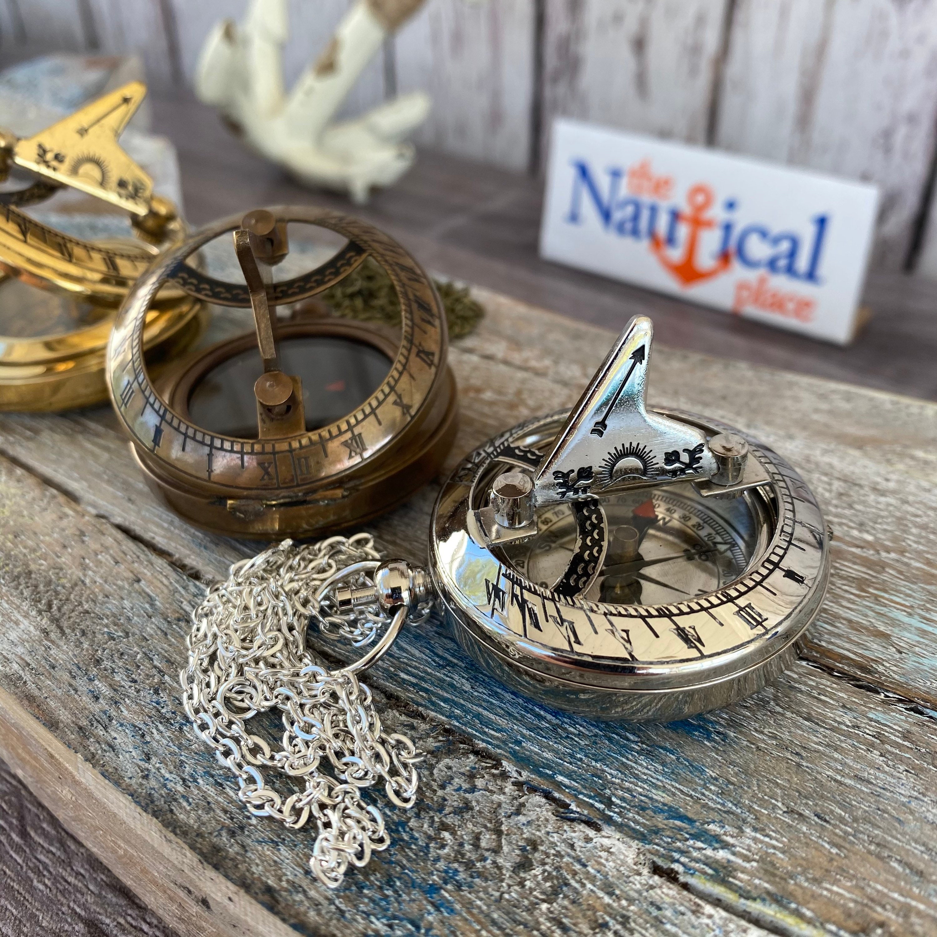Antique Finish Brass Sundial Compass-Old Vintage Pocket Style Item Gift 