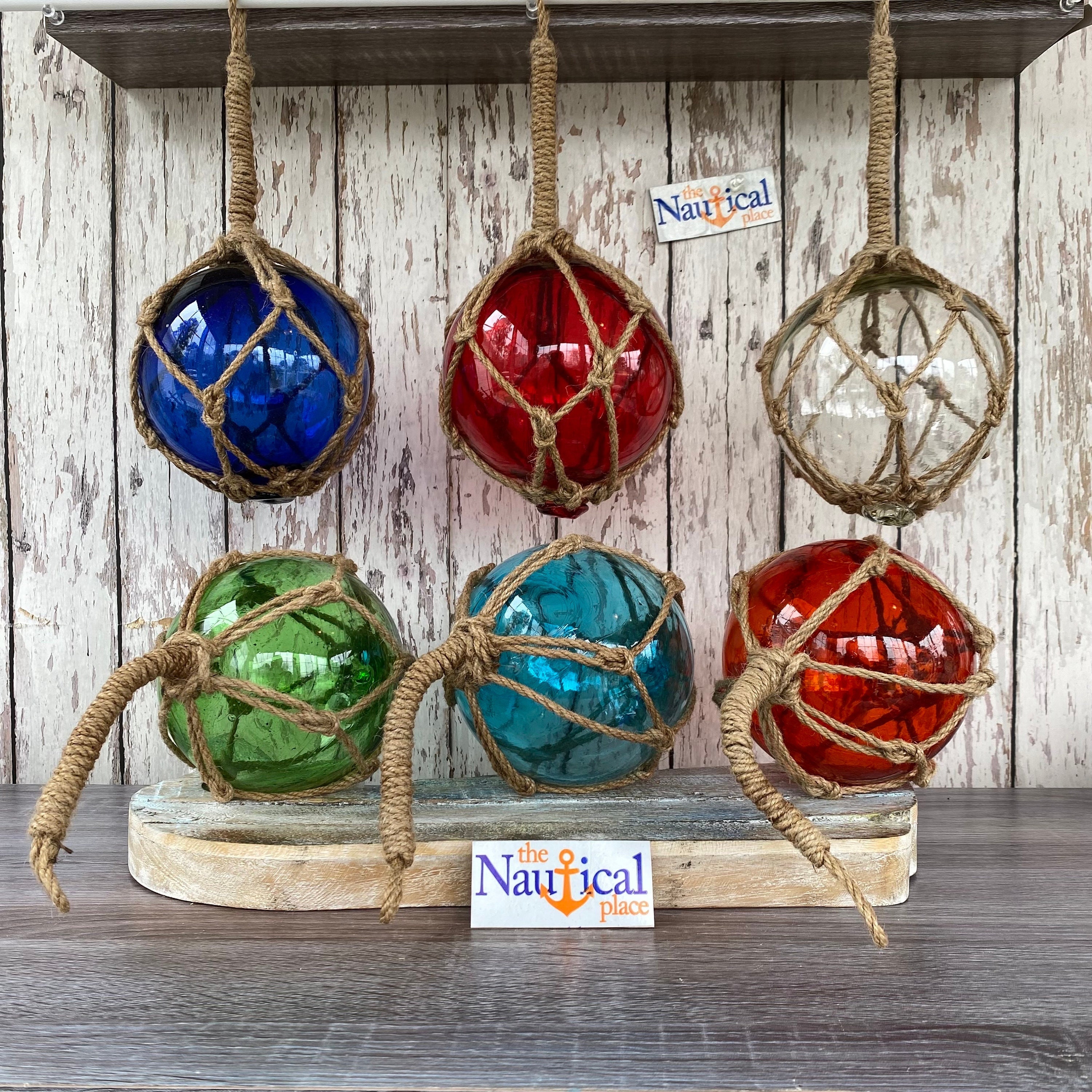 Medium 5 Glass Fishing Floats Red, Blue, Green, Aqua, Clear Nautical Fish  Net Buoy Decorative Ball W/ Rope Netting 