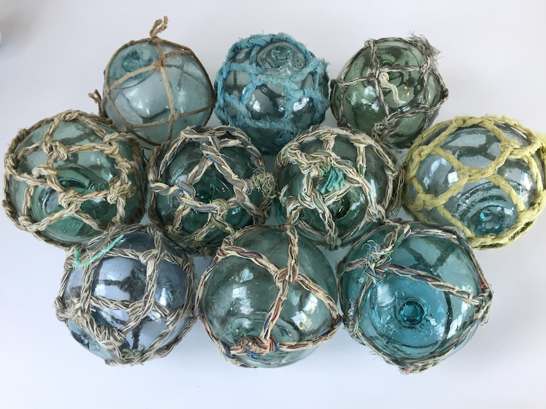 3.5 Japanese Glass Fishing Floats With Netting Vintage Japan Ball Old Fish Net Buoy Aqua Shades Single, Set of 5 or 10 10 Floats