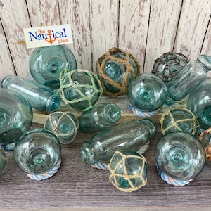 Japanese Glass Floats, Old Fish Net Buoys, Vintage Floats Once Used By Fisherman In Japan, Assorted Sizes, Mix of Aquas & Greens