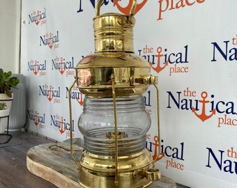 Vintage 14" Brass Anchor Oil Lamp w/ Clear Fresnel Lens - Ship Lantern - Hanging Light - Nautical Decor