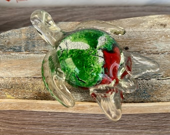 5" Glass Sea Turtle Figurine - Clear w/ Red & Green Accents - Hand Blown Nautical Paperweight - Coastal, Tropical, Beach Decor