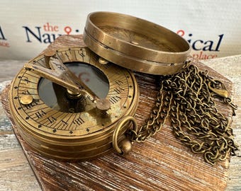 Brass Sundial Compass w/ Screw On Lid - Antique Finish w/ Optional 27" Chain & Velour Bag - Old Vintage Pocket Style - Nautical Necklace