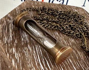 Antique Finish Brass Hourglass Sand Timer w/ Optional 27" Chain & Bag - Old Vintage Pocket Style Necklace Pendant - Groomsmen Gift