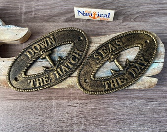 Nautical Sign - Seas The Day, Down The Hatch w/ Rope Border Design - Cast Iron - Nautical Decor - Wall Plaque - Boat Cabin Door