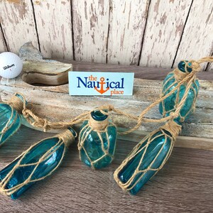 5 Aqua Glass Bottles on Rope Nautical Fish Net Buoy Ball Floats Beach ...