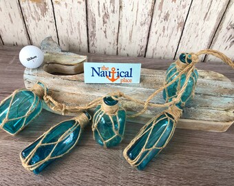 5 - Aqua Glass Bottles On Rope - Nautical Fish Net Buoy Ball Floats - Beach Decor - Light Blue, Teal w/ Rope Netting