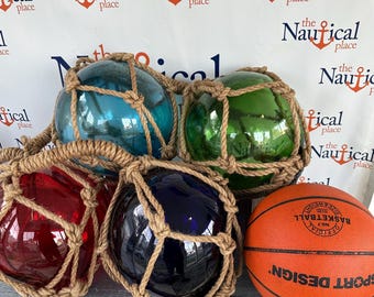 Extra Large 10" Glass Fishing Floats, Basketball Size, Hanging Fish Net Buoy, Nautical Decor - Red, Blue, Green, Aqua Ball w/ Rope Netting