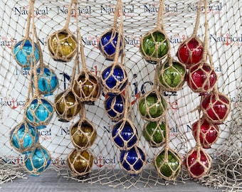5 Glass Fishing Floats On Jute Rope, Red, Green, Blue, Aqua, Amber Fish Net Buoy, Nautical Decor