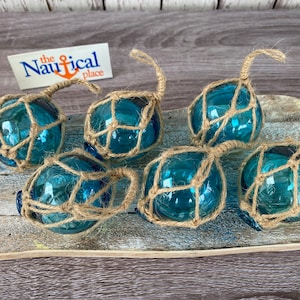 2&quot; Aqua Glass Fishing Floats- Light Blue Turquoise Nautical Beach Decor - Fish Net Buoy Ball w/ Rope Netting - Christmas Ornaments