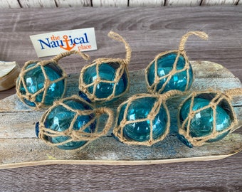 2" Aqua Glass Fishing Floats- Light Blue Turquoise Nautical Beach Decor - Fish Net Buoy Ball w/ Rope Netting - Christmas Ornaments