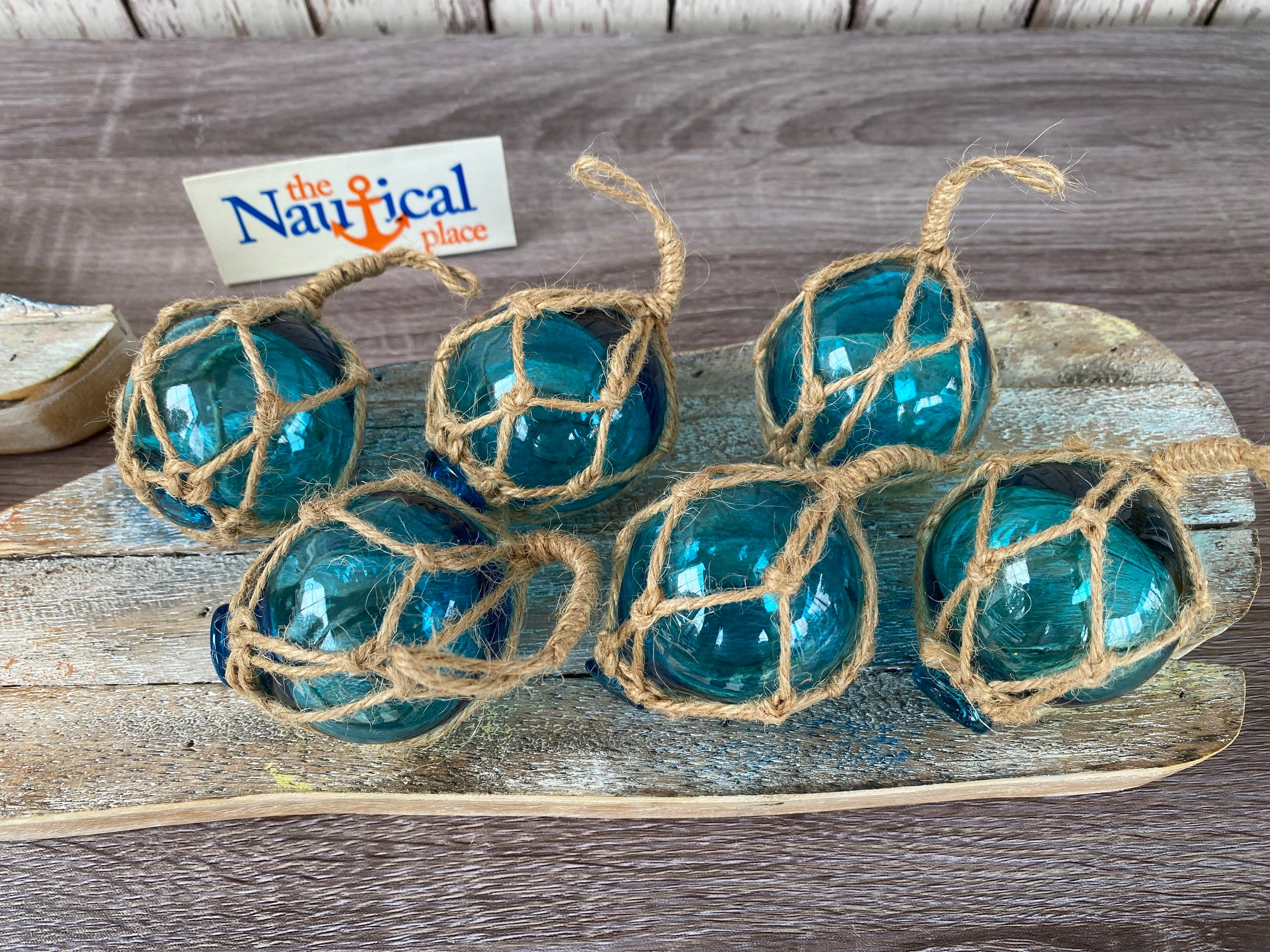 2 Aqua Glass Fishing Floats- Light Blue Turquoise Nautical Beach Decor -  Fish Net Buoy Ball w/ Rope Netting - Christmas Ornaments