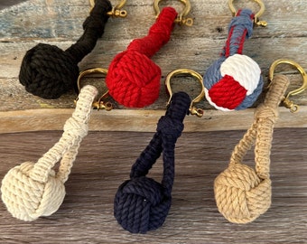 Monkey Fist Rope Knot Key Chain w/ Brass Shackle - 4.5" Long -Hand Tied Sailor Ball - Blue, Red, White, Black - Nautical Groomsmen Gift