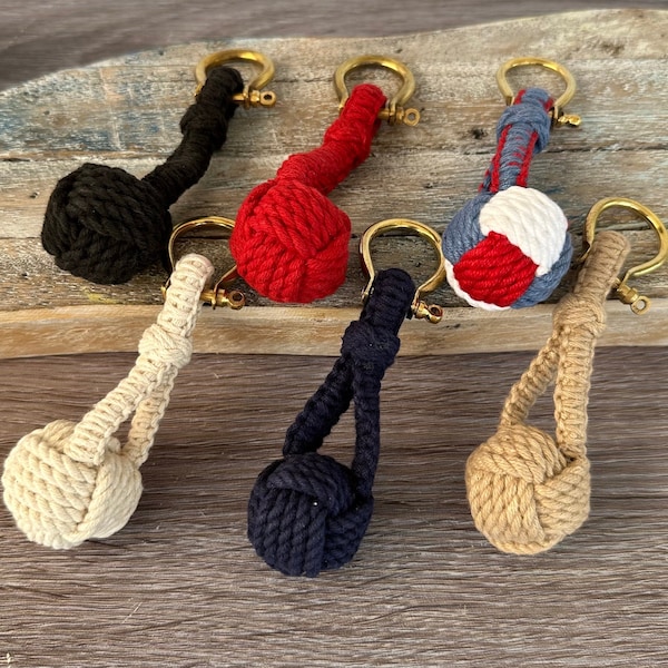 Monkey Fist Rope Knot Key Chain w/ Brass Shackle - 4.5" Long -Hand Tied Sailor Ball - Blue, Red, White, Black - Nautical Groomsmen Gift