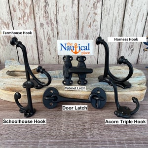Vintage Style Cast Iron Wall Hooks, Door, Cabinet Latch - Farmhouse, Schoolhouse, Harness - Coat, Hat, Key Rack - Black Powder Finish