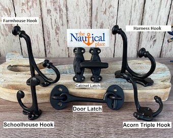 Vintage Style Cast Iron Wall Hooks, Door, Cabinet Latch - Farmhouse, Schoolhouse, Harness - Coat, Hat, Key Rack - Black Powder Finish