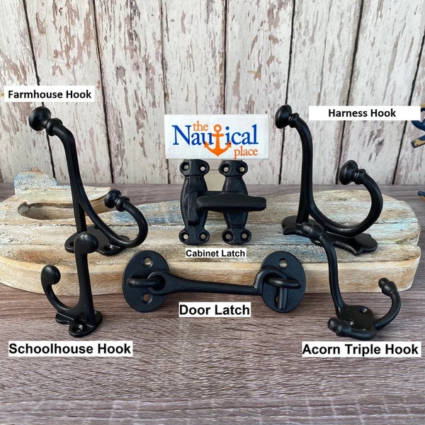 Vintage Style Cast Iron Wall Hooks, Door, Cabinet Latch - Farmhouse, Schoolhouse, Harness - Coat, Hat, Key Rack - Black Powder Finish