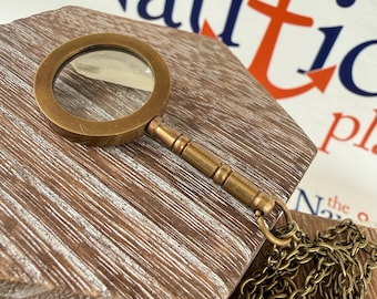 Antique Finish Brass Magnifying Glass w/ Optional 27" Chain & Bag - Mini Monocle Necklace - Page Reader Magnifier