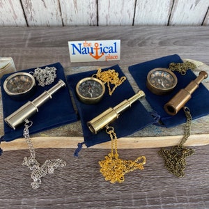 Set regalo con telescopio e bussola in ottone con borsa in velluto - con catene opzionali da 27" - Ciondolo tascabile con collana nautica in miniatura - Matrimonio degli sposi