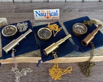 Brass Telescope & Compass Gift Set w/ Velour Bag - w/ Optional 27" Chains - Miniature Nautical Necklace Pocket Pendant - Groomsmen Wedding