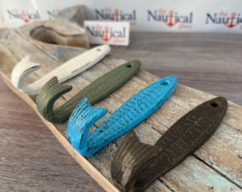 5" Cast Iron Fish Tail Wall Hook - Distressed White, Blue, Green - Nautical Fish Decor, Coat & Hat Hooks