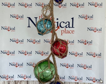 6 Glass Fishing Floats On Rope - Fish Net Buoy Ball - Nautical Beach Decor - Red, Blue, Green, Aqua, Clear w/ Jute Rope Netting