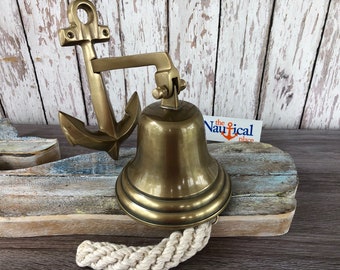 7" Anchor Ship Bell w/ Rope Lanyard - Antique Brass Finish - Nautical Maritime Wall Decor