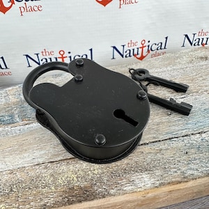 Old Style Lock and Keys - Vintage Antique Style - Police Jailer - Medieval Costume, Pirate Chest - Black Iron Working Padlock - 3.25”