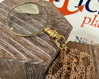 Magnifying Glass Necklace w/ Optional 27" Chain & Bag - Round Monocle - Old Vintage Antique Style Page Reader - Brass Mini Magnifier Pendant