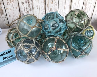 3.5" Japanese Glass Fishing Floats With Netting - Vintage Japan Ball - Old Fish Net Buoy - Aqua Shades - Single, Set of 5 or 10