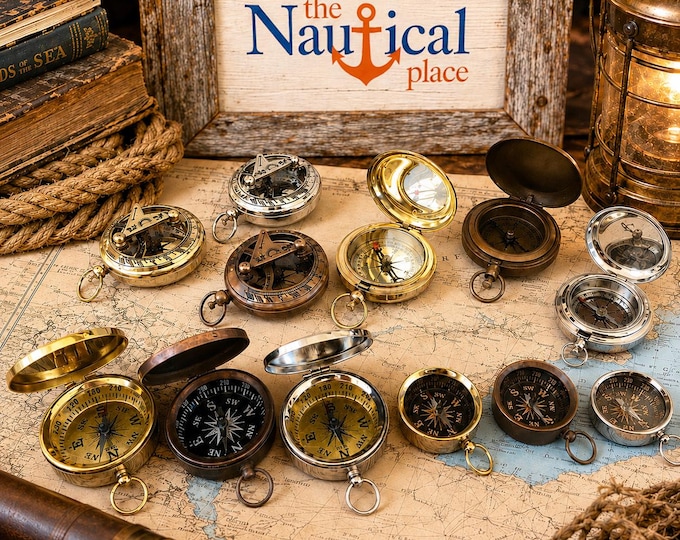 Featured listing image: Brass Compass Necklace - With Lid, Push Button, Pocket Sundial - Antique, Silver, Gold - Old Vintage Style - Nautical Keychain Jewelry