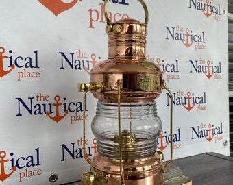 Vintage 14" Copper Anchor Oil Lamp w/ Clear Fresnel Lens - Ship Lantern - Hanging Light - Nautical Decor