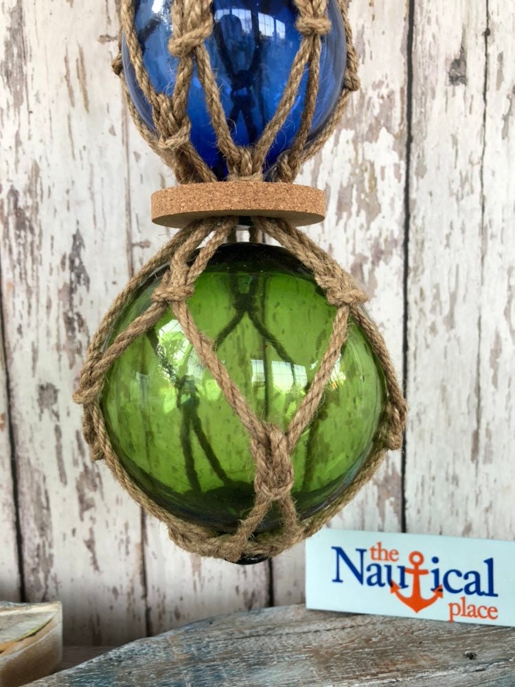 3 Glass Fishing Floats On Rope Fish Net Buoy Ball Nautical Beach