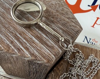 Silver Finish Brass Magnifying Glass w/ Optional 27" Chain & Velour Bag - Mini Magnifier - Old Vintage Antique Style - Christmas Gift