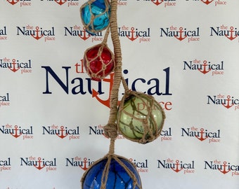 4 Glass Fishing Floats On Rope - Fish Net Buoy Ball - Nautical Beach Decor - Red, Blue, Green, Aqua w/ Jute Rope Netting