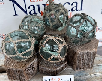 3.5" Japanese Glass Fishing Floats With Netting - Lot of 5 - Vintage Nautical Decor - Authentic Old Japan Ball - Aqua Fish Net Buoy